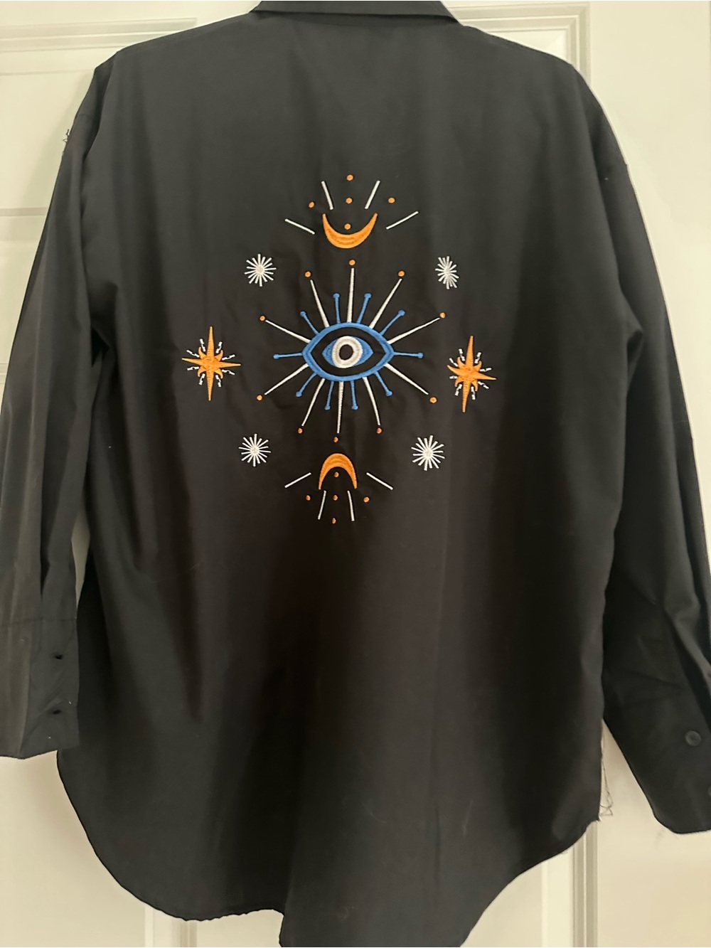Black Women Button-Up Shirt with Orange Star Chest Motif